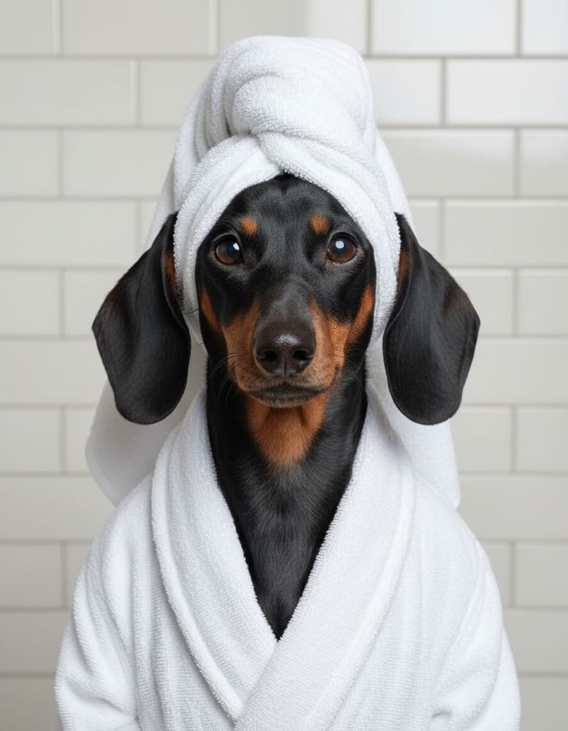 Dackel im Bademantel — Haustierportrait