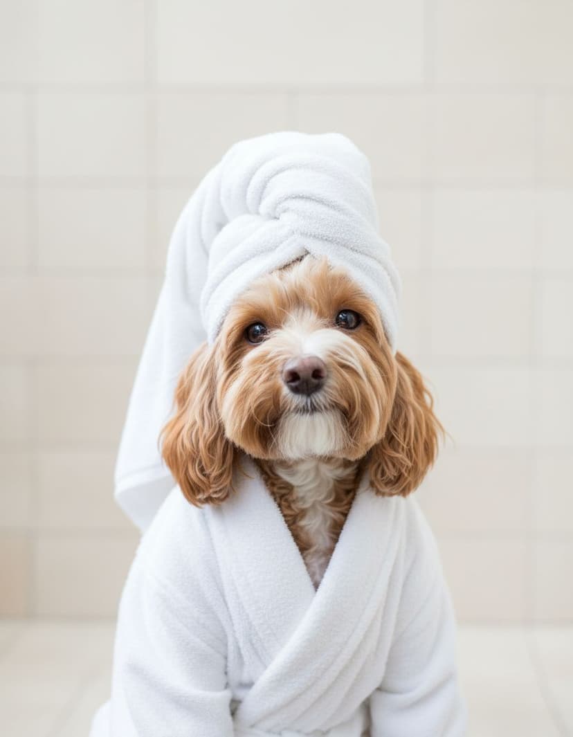 Cavapoo im Bademantel — Haustierportrait