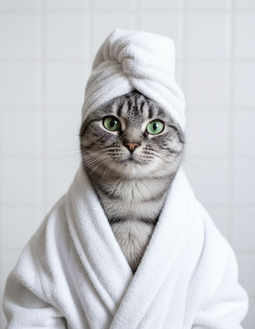 Graue Katze im Bademantel — Haustierportrait